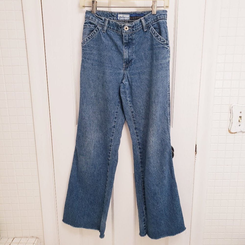 Vintage Express Blues Denim Bootcut Flare Jeans Med Wash Size 1/2 Cut Hem